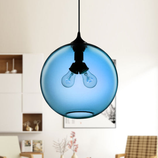 Modern Glass Globe Pendant Light - 2 Lights Red/Brown/Clear Dark Blue