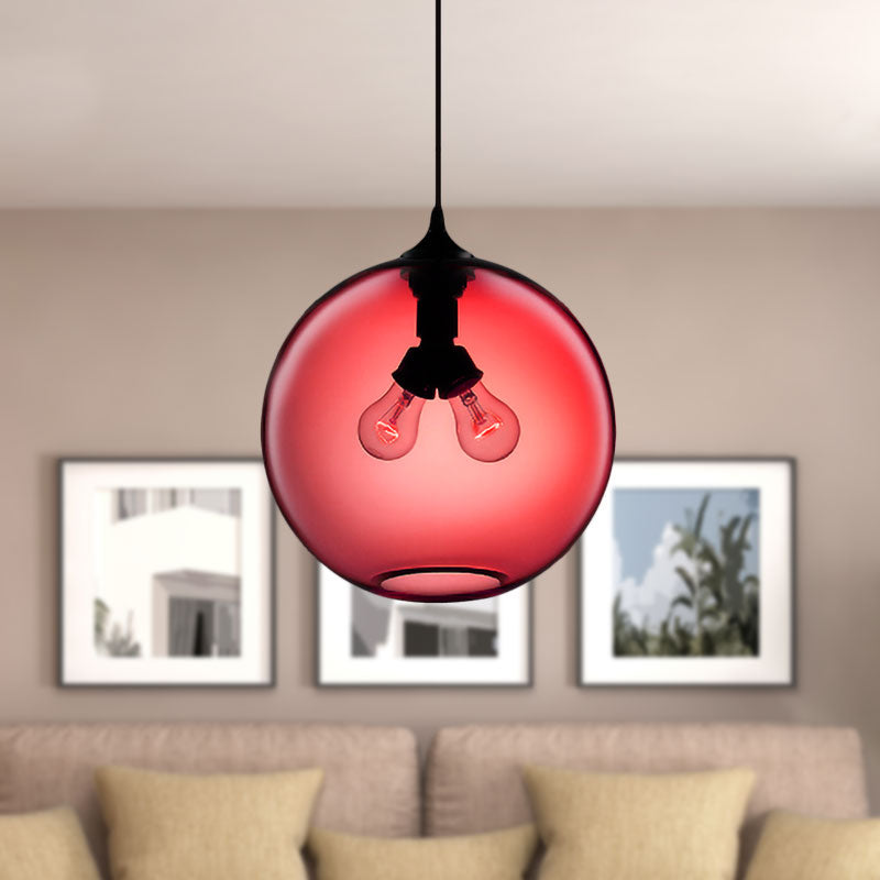 Modern Glass Globe Pendant Light - 2 Lights Red/Brown/Clear