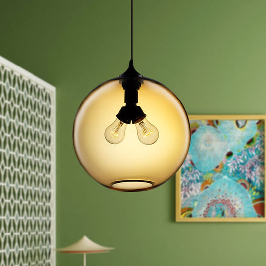 Modern Glass Globe Pendant Light - 2 Lights Red/Brown/Clear