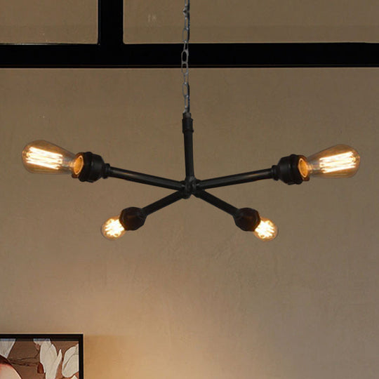 Industrial Metal Water Pipe Chandelier - Dining Room Hanging Lamp With Open Bulb 4 Heads Black