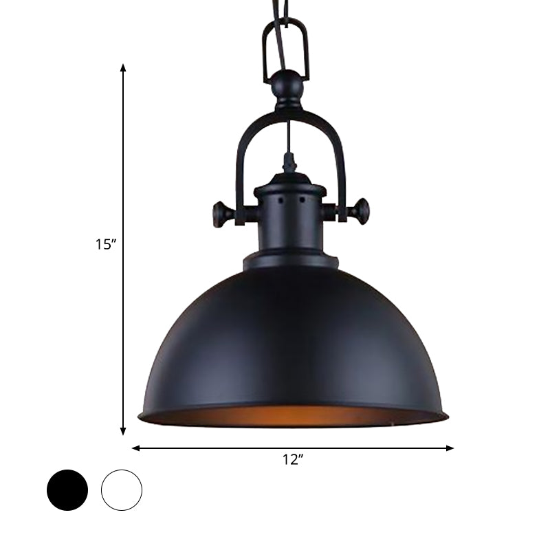 Vintage Dome Pendant Light In Black/White - Metal Hanging Lamp For Dining Room