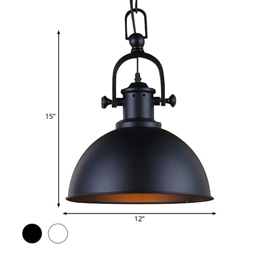 Vintage Dome Pendant Light - Metal Hanging Lamp With 1 Bulb In Black/White For Dining Room
