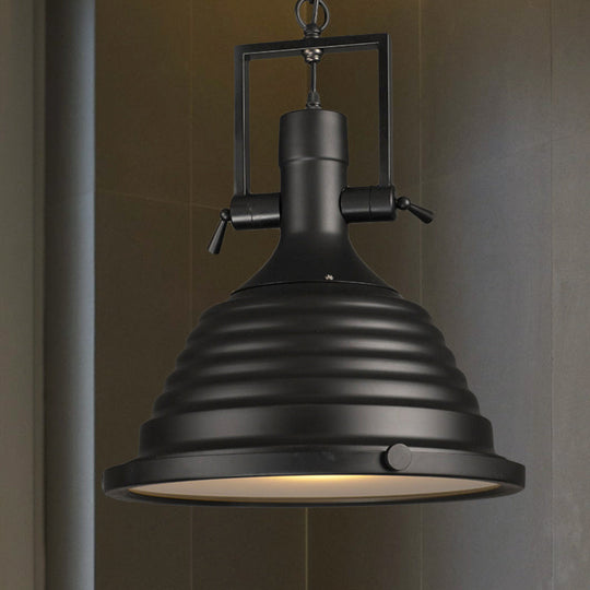 Industrial Style Black Pendant Lamp With Metallic Ripple Shade And Frosted Diffuser - 14’/16’ Width