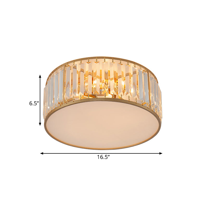 Crystal Flush Mount Lighting With Drum Shade - Gold 3/4/5 Lights 12.5’/16.5’/20.5’ Wide