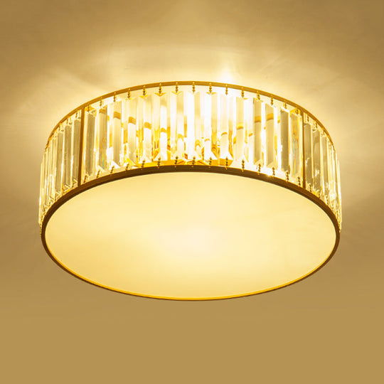 Crystal Flush Mount Lighting With Drum Shade - Gold 3/4/5 Lights 12.5’/16.5’/20.5’ Wide