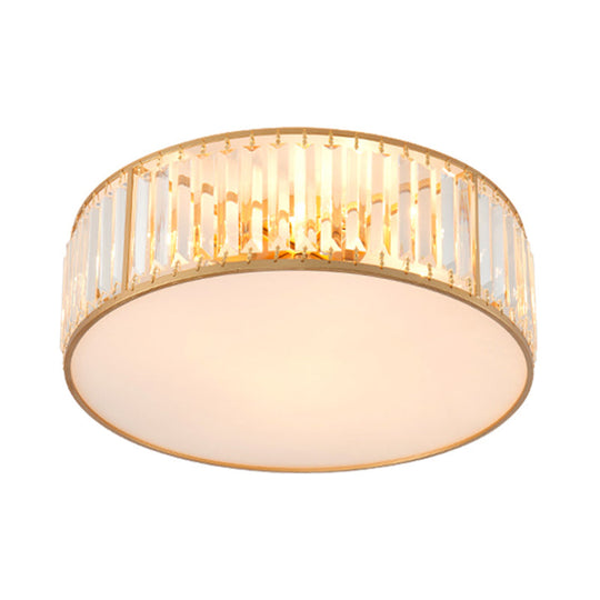 Crystal Flush Mount Lighting With Drum Shade - Gold 3/4/5 Lights 12.5’/16.5’/20.5’ Wide