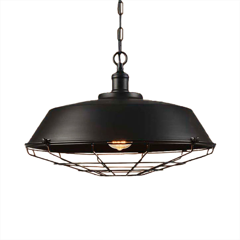Antique Style Iron Barn Hanging Light With Wire Guard - 10’/14’/18’ Dia Brass/Bronze/Black