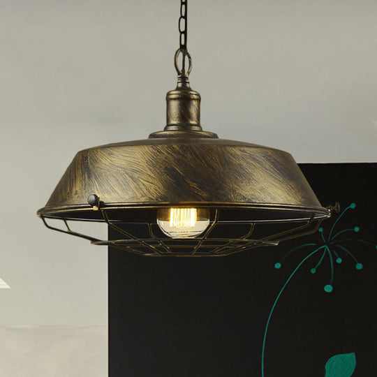 Antique Style Iron Barn Hanging Light With Wire Guard - 10’/14’/18’ Dia Brass/Bronze/Black