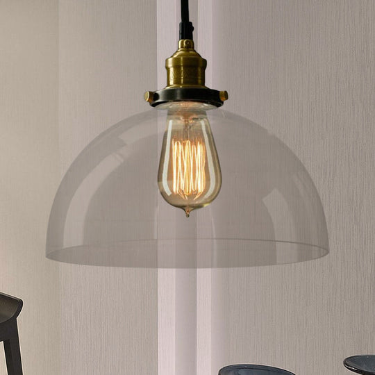 Industrial Brass Dome Pendant Light - Clear/Amber Glass Clear