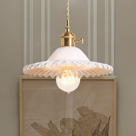 Industrial Brass Scalloped Pendant Light With Glass Shade - 1-Light Hanging Ceiling Fixture For