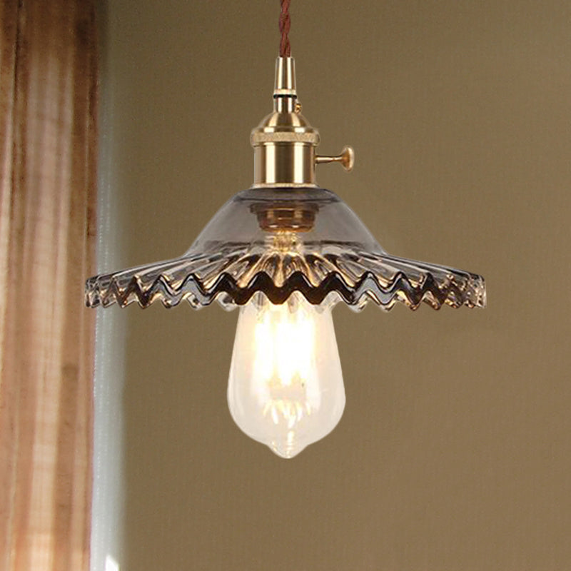Industrial Brass Scalloped Pendant Light With Glass Shade - 1-Light Hanging Ceiling Fixture For
