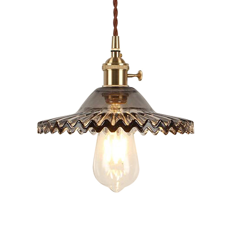 Industrial Brass Scalloped Pendant Light With Glass Shade - 1-Light Hanging Ceiling Fixture For