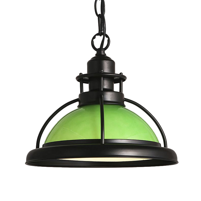 Vintage Glass Dome Pendant Ceiling Light - Black One With White/Green Finish For Dining Room