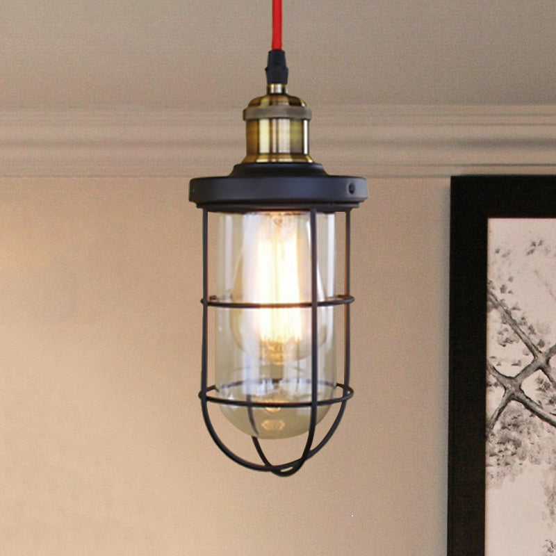 Coastal Caged Lantern Ceiling Pendant Light - Clear Glass Hanging Lamp For Coffee Shop In Black