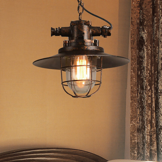 Industrial Single-Light Hanging Ceiling Pendant With Clear Glass Cone Shade In White/Red/Rust Tones
