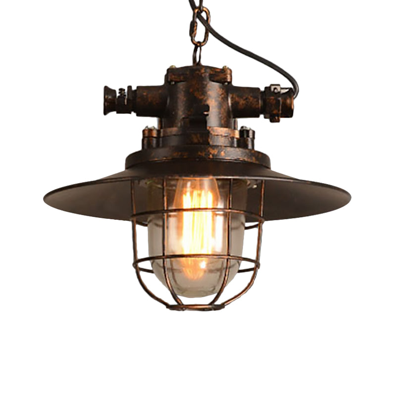 Industrial Single-Light Hanging Ceiling Pendant With Clear Glass Cone Shade In White/Red/Rust Tones