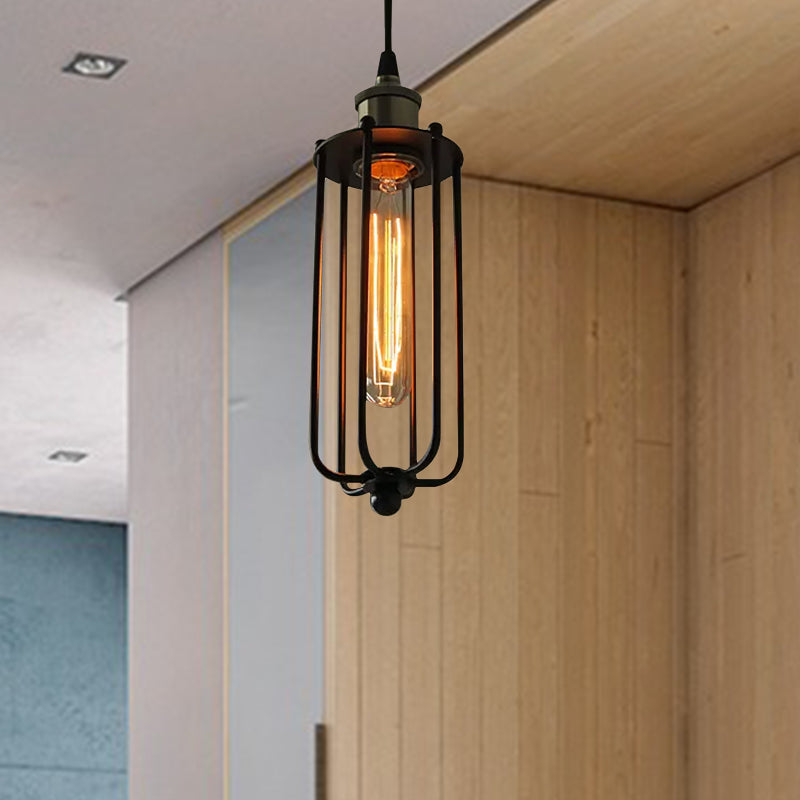 Vintage Style Metallic Matte Black Pendant Lamp With Cage Shade - 1 Light Hanging Fixture
