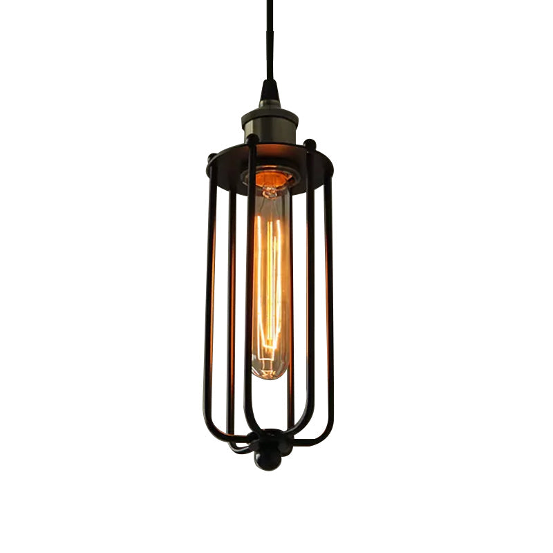 Vintage Style Metallic Matte Black Pendant Lamp With Cage Shade - 1 Light Hanging Fixture