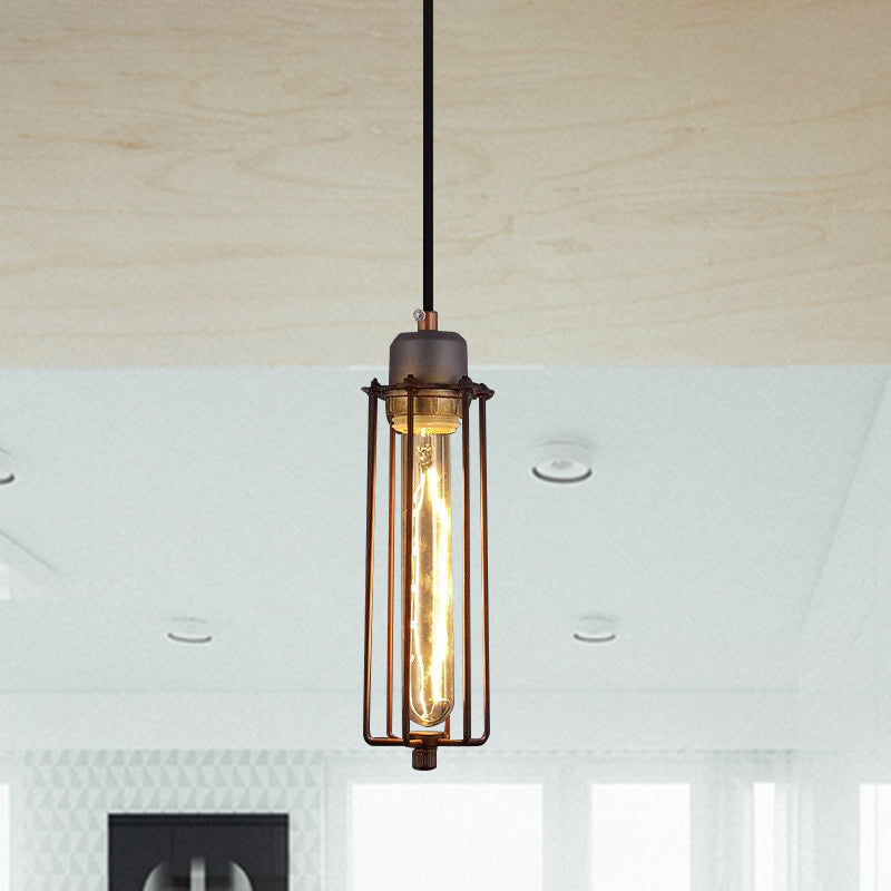 Vintage Style Metal Tube Pendant Light With Wire Cage And Adjustable Cord - Restaurant Ceiling