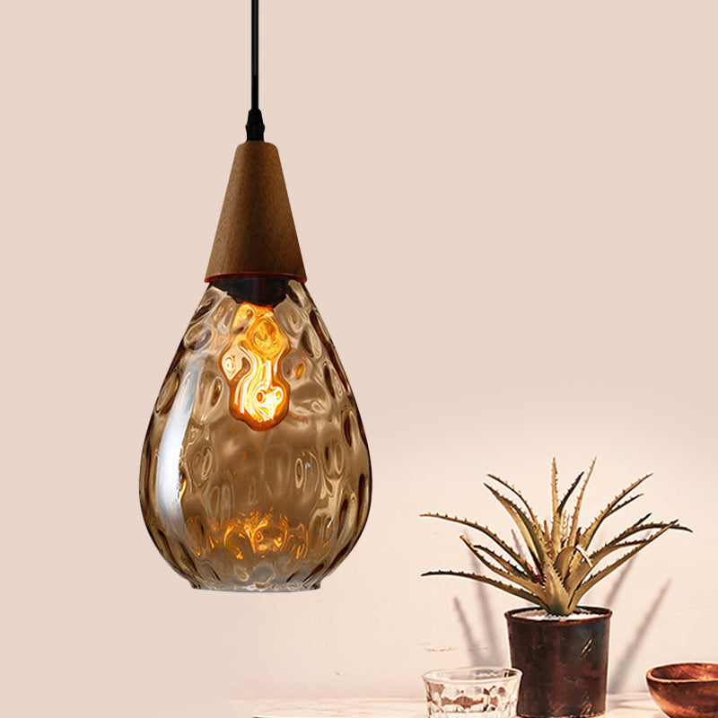 Teardrop Pendant Lamp - Modernist Style Amber/Clear Dimpled Glass 1 Light Indoor Fixture 6/8 Width