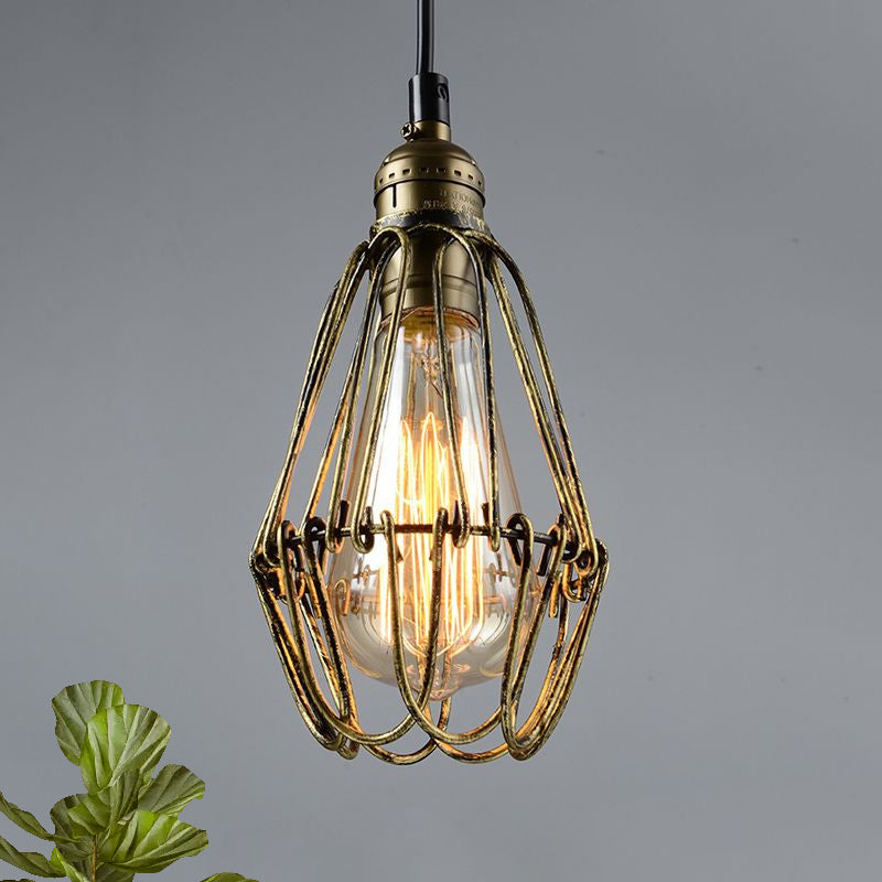 Rustic Diamond Cage Pendant Light For Restaurants - 1 Head Wrought Iron In Black/Brass