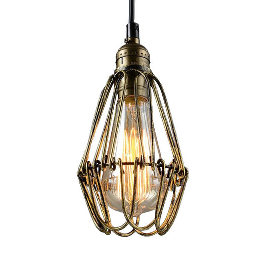 Rustic Diamond Cage Pendant Light For Restaurants - 1 Head Wrought Iron In Black/Brass