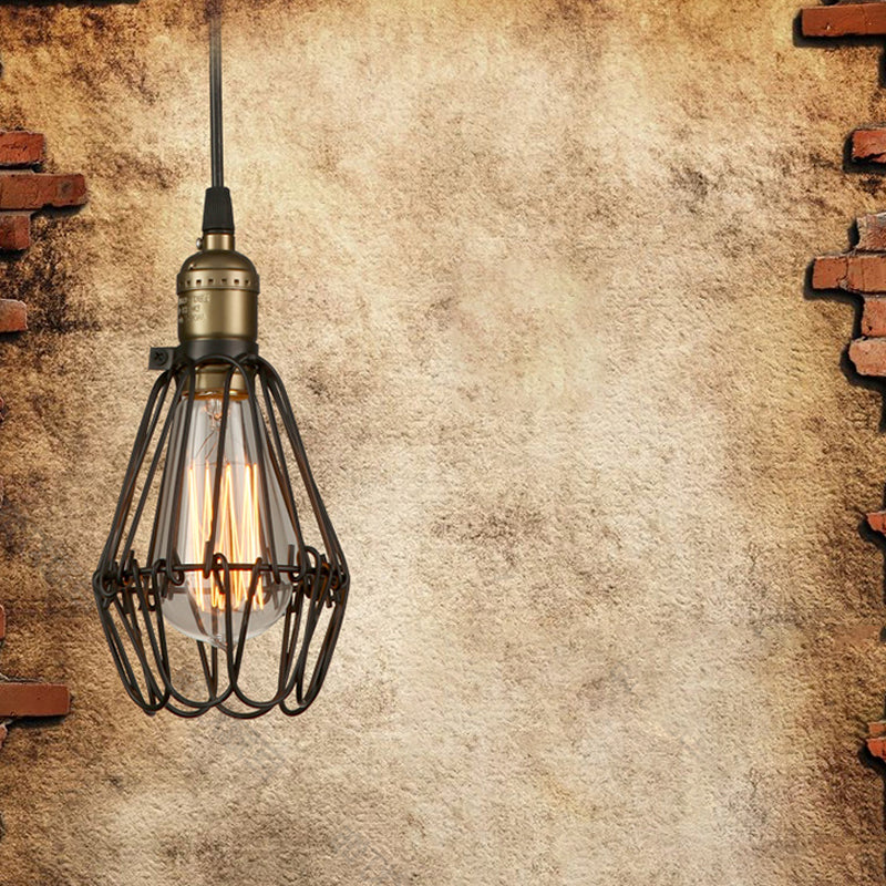 Rustic Diamond Cage Pendant Light For Restaurants - 1 Head Wrought Iron In Black/Brass Black