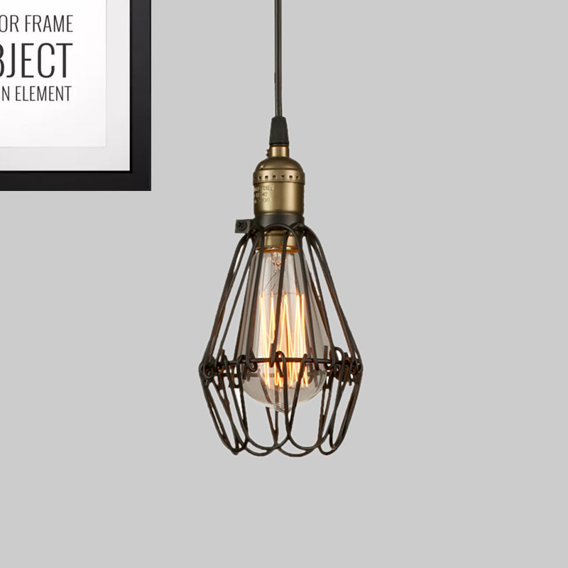 Rustic Diamond Cage Hanging Light Pendant For Restaurants - 1 Head Wrought Iron Design In