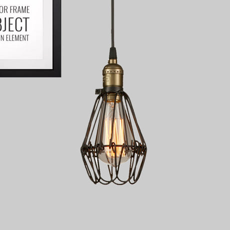 Rustic Diamond Cage Pendant Light For Restaurants - 1 Head Wrought Iron In Black/Brass