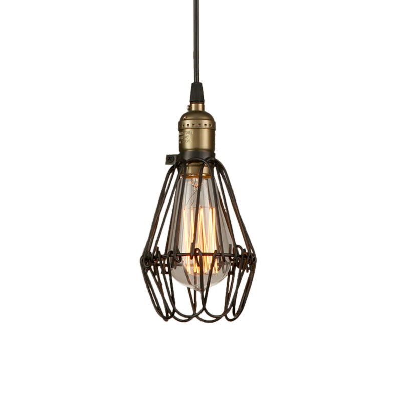 Rustic Diamond Cage Hanging Light Pendant For Restaurants - 1 Head Wrought Iron Design In