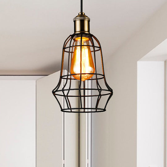 Antique Style Black Head Vase Cage Pendant Light For Bar With Metallic Finish 6’/7.5’ Width / 6’