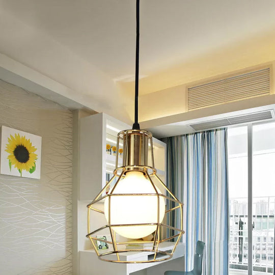 Modern Silver/Gold Metal Ceiling Fixture With Cage Shade - Stylish Loft Hanging Lamp For Coffee