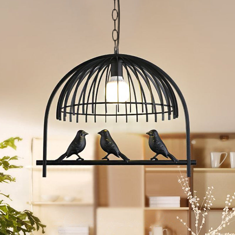 Lodge Style Birdcage Hanging Light Fixture - Iron Pendant With Dome Shade In Rust/Black