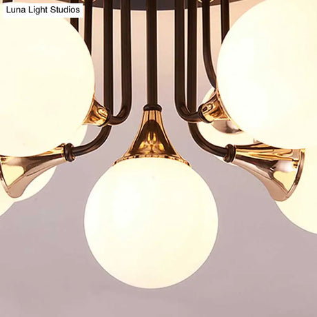 6/10/13 Semi Flush Chandelier With Milk White Glass Shades - Black Ceiling Mounted Sphere Light