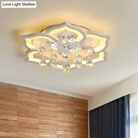 6/16/20 White Flush Mount Ceiling Light For Living Room - Warm/White Floral Acrylic Shade Crystal