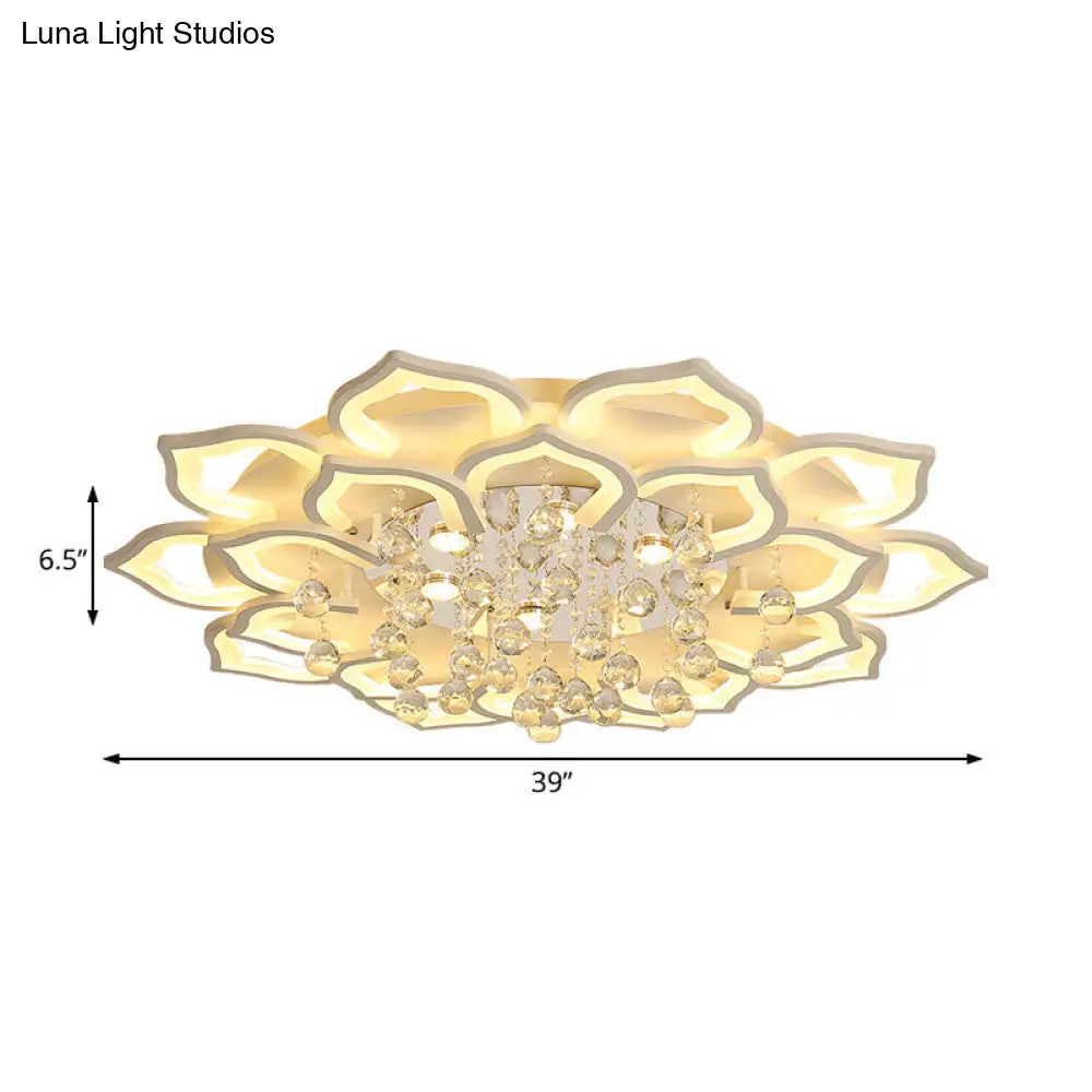 6/16/20 White Flush Mount Ceiling Light For Living Room - Warm/White Floral Acrylic Shade Crystal