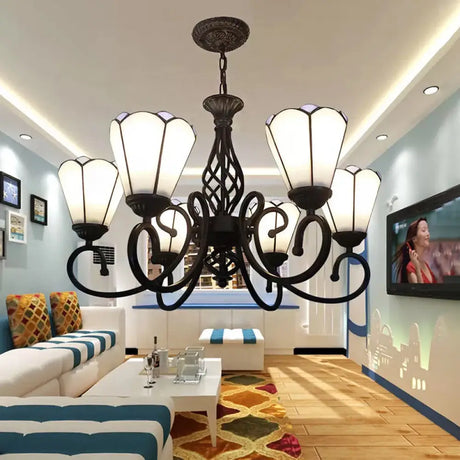 6-Light Floral Chandelier Tiffany-Style Art Glass Shade With Adjustable Chain - White Ceiling