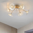 6-Light Nordic Gold Semi Flush Mount Ceiling Lamp With Trumpet Glass Shades For Dining Room
