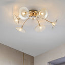 6-Light Nordic Gold Semi Flush Mount Ceiling Lamp With Trumpet Glass Shades For Dining Room