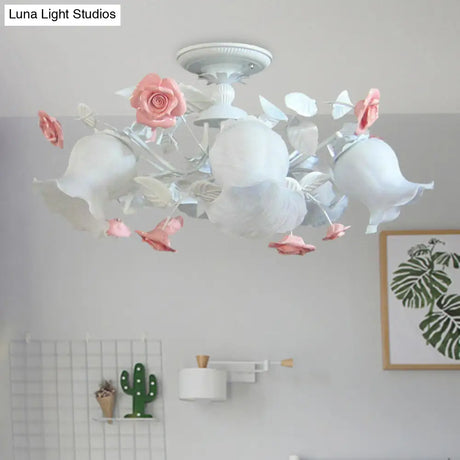 6 - Light Pink Lodge Bedroom Ceiling Fixture With Flower Glass Shade Semi - Flush Mount