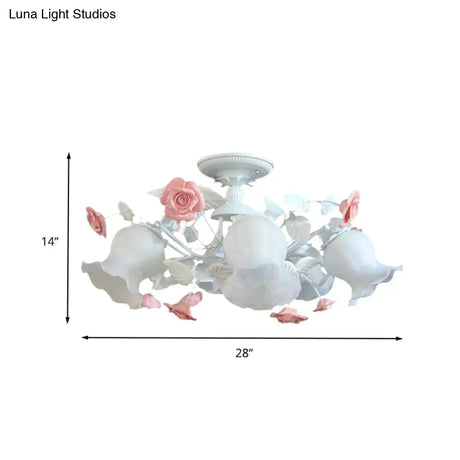 6 - Light Pink Lodge Bedroom Ceiling Fixture With Flower Glass Shade Semi - Flush Mount