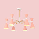 6-Light Scandinavian Hanging Chandelier With Metal Horn Shade For Kids Bedroom Pink