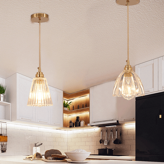 Clear Glass Bud Kitchen Pendant Light With Brass Suspension