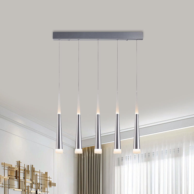 Modern Tapered Hanging Lamp With 5/6 Silver Metal Heads - Stylish Pendant Light For Dining Room In