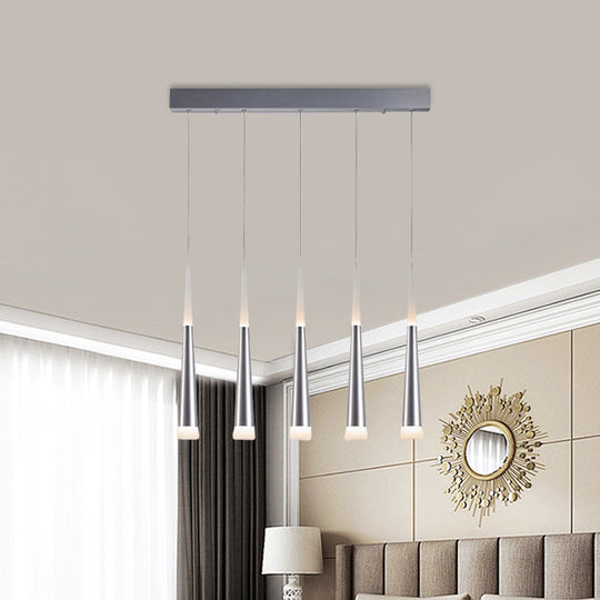 Modern Tapered Hanging Lamp With 5/6 Silver Metal Heads - Stylish Pendant Light For Dining Room In