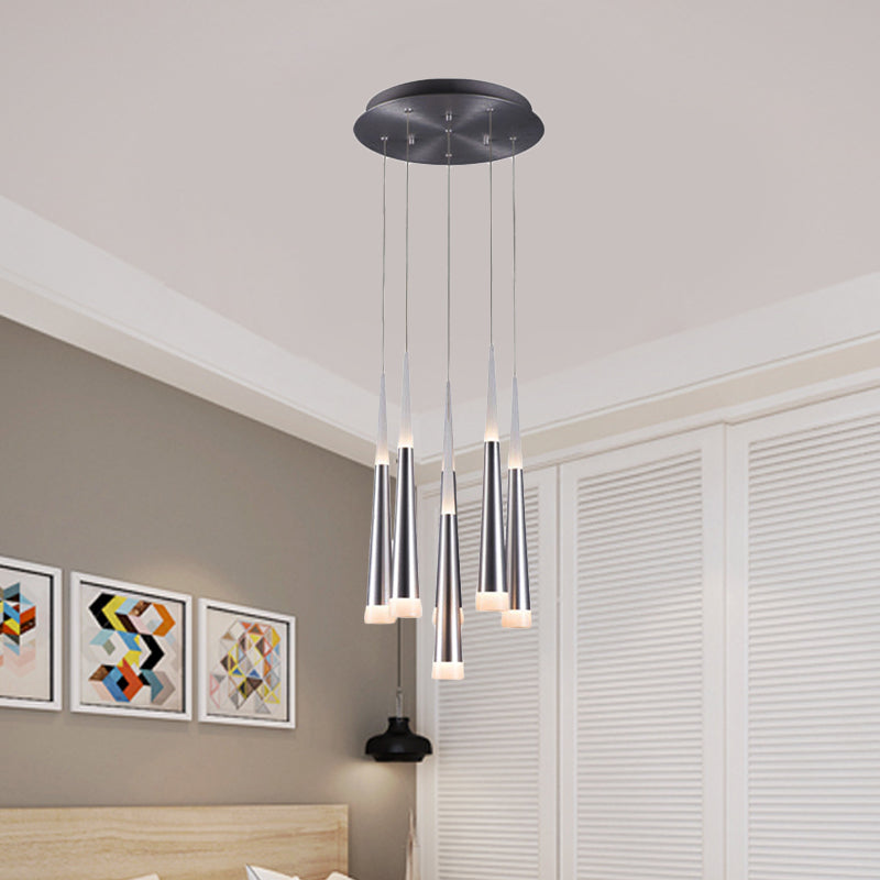 Modern Metal Tapered Hanging Lamp With Silver Pendant Light - 5/6 Heads For Dining Room In