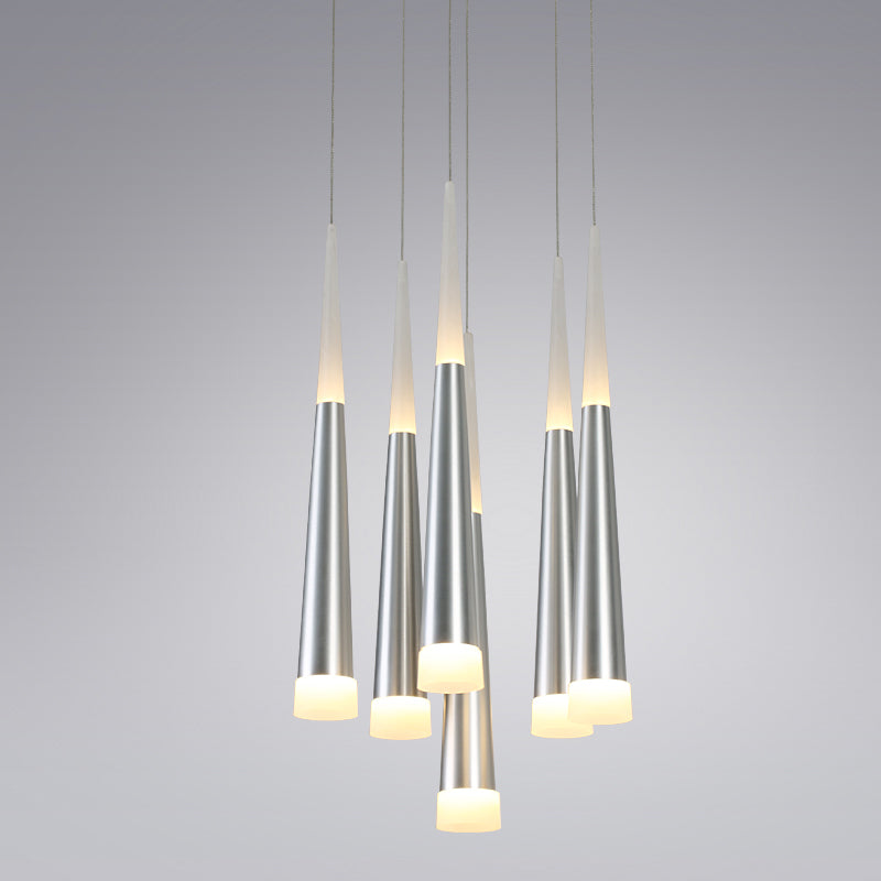 Modern Metal Tapered Hanging Lamp With Silver Pendant Light - 5/6 Heads For Dining Room In
