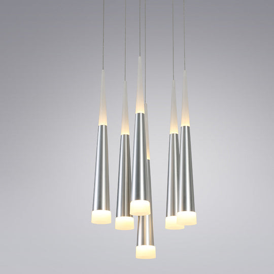 Modern Tapered Hanging Lamp With 5/6 Silver Metal Heads - Stylish Pendant Light For Dining Room In