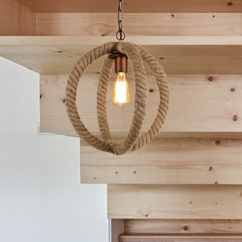 Spherical Hemp Rope Pendant Light: Industrial Chic Kitchen Ceiling Fixture In Beige