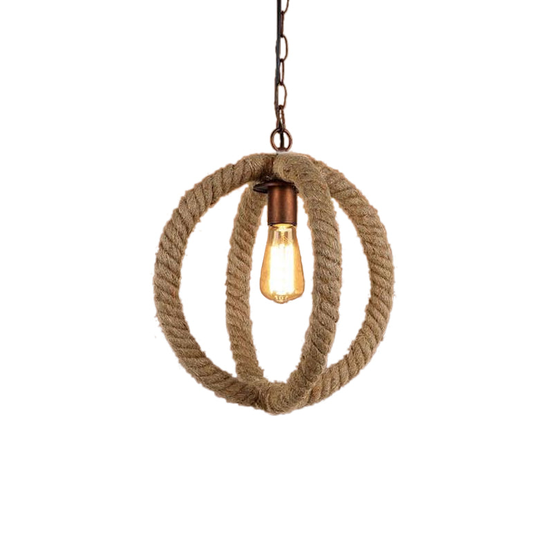 Spherical Hemp Rope Pendant Light: Industrial Chic Kitchen Ceiling Fixture In Beige